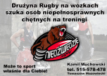 Ulotka - drużyna rugby na wózkach szuka osób niepełnosprawnych chętnych na treningi